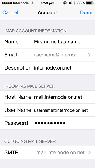 Correct account settings for Internode email