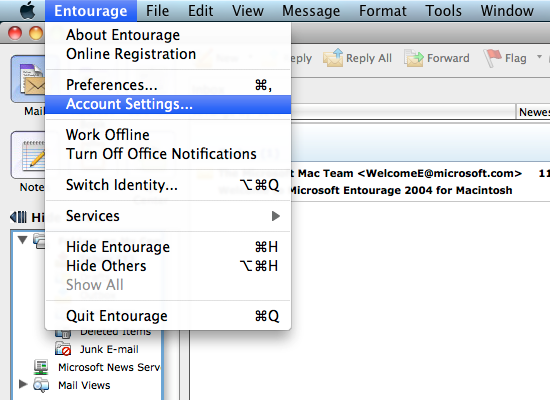 Entourage > Account Settings… Entourage > Account Settings…