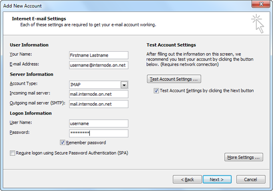 Add New Account: Internet E-mail Settings Add New Account: Internet E-mail Settings