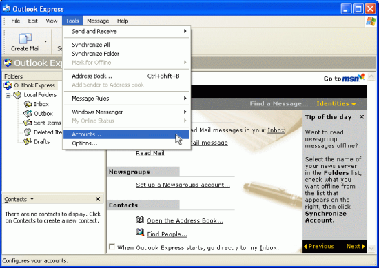 Screenshot: Accessing 'Accounts' from the menu