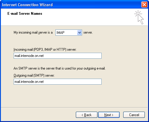 Screenshot: Entering incoming and outgoing server information