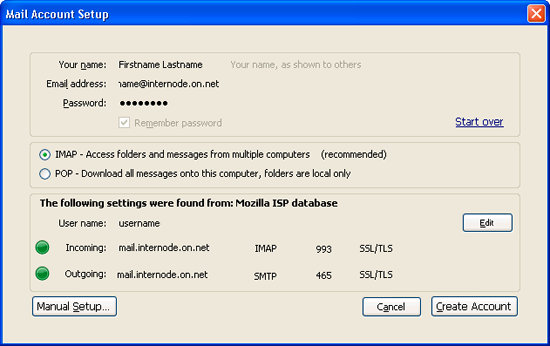 Screenshot: Mail Account Setup with all server settings entered