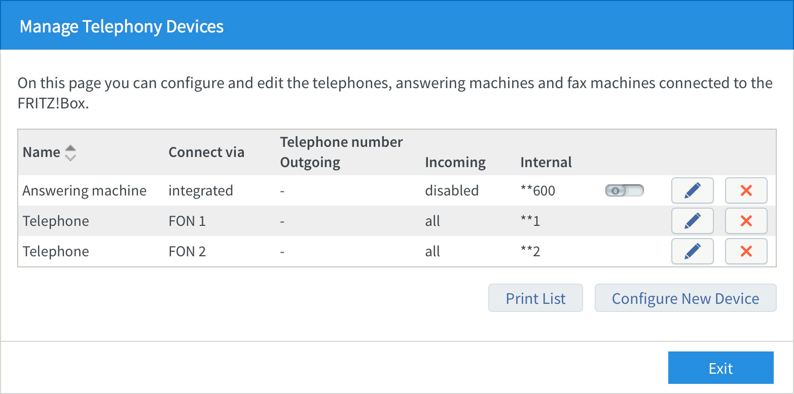 Screenshot: The Manage Telephony Devices screen
