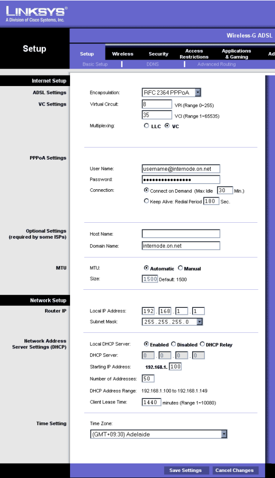 Select PPPoA (VC), enter your username and pasword and select your
timezone, then click SAVE