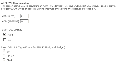 The NetComm NB604N Interface Configuration Screen