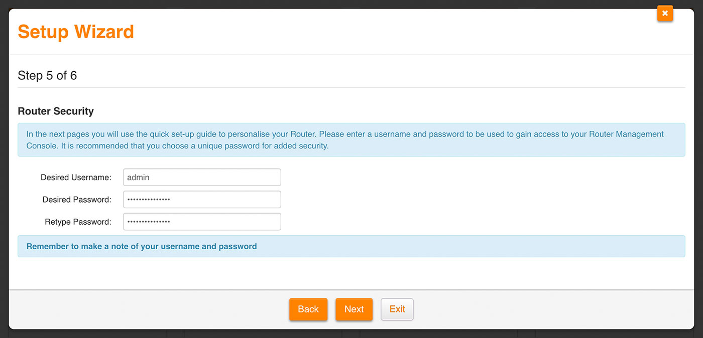 Screenshot: Creating an administrator password for the TG-1