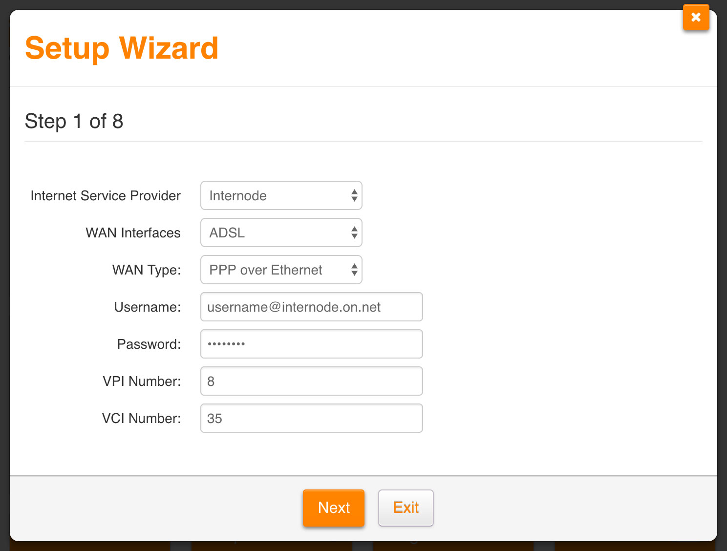 Screenshot: Setting up your ADSL service with the setup wizard