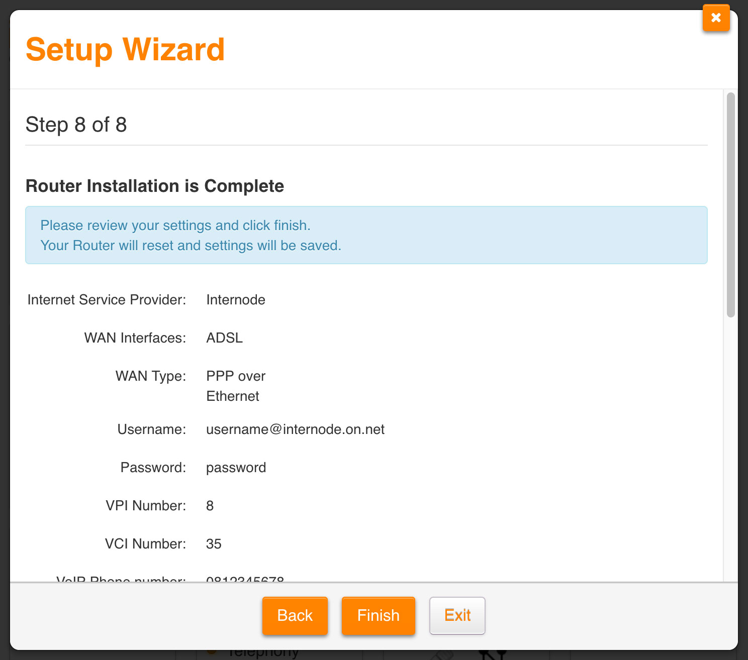 Screenshot: Reviewing settings and finishing the wizard