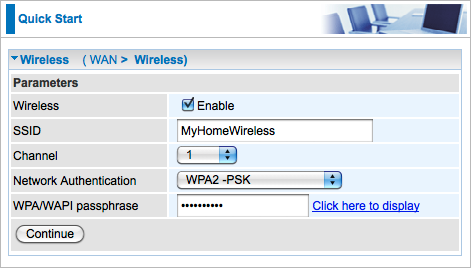 The Wireless page of the 7800NL Quick Start wizard