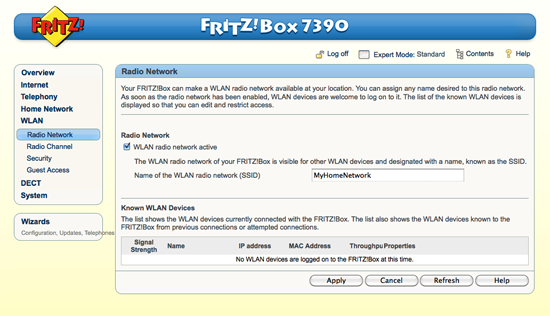 Entering a network name (SSID) into the FRITZ!Box 7390