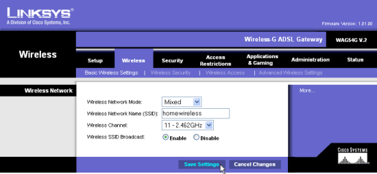 The Linksys Basic Wireless Settings screen