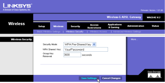 The Linksys Wireless Security screen