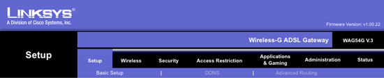 The Linksys WAG54G Menu