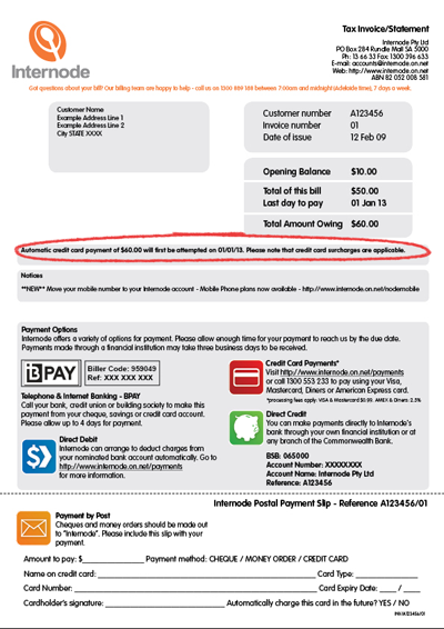 Example Invoice showing when an Automatic Payment will take place