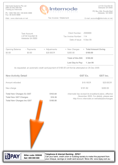 Invoice showing location of BPay Information
