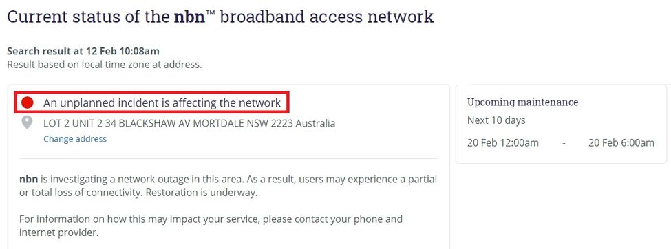  NBN Network outage update example