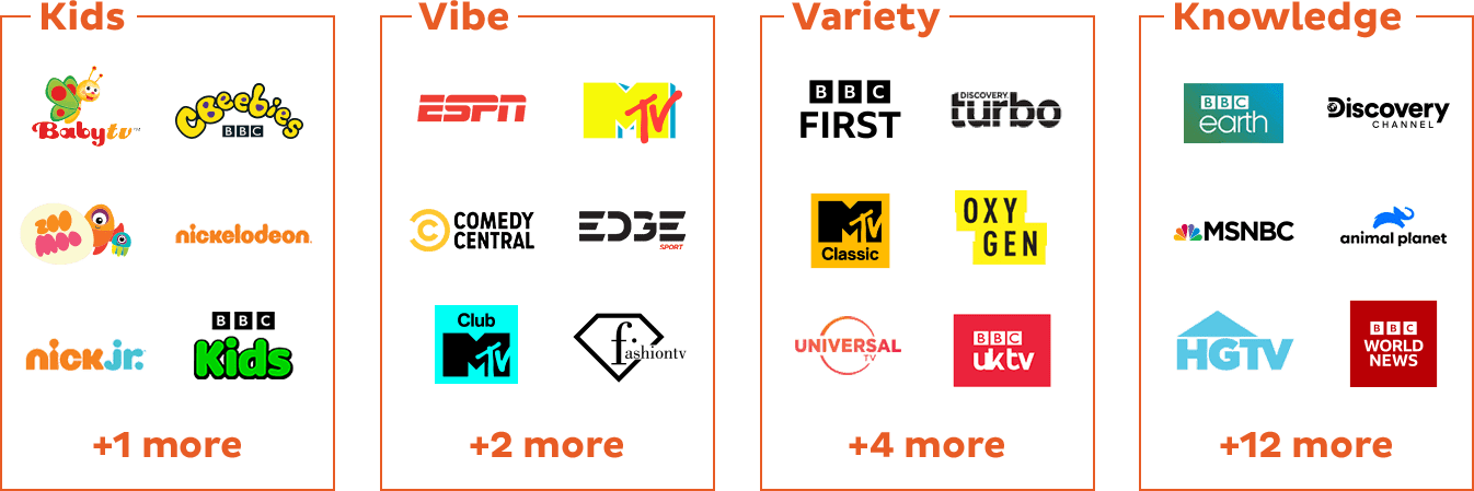Some of the channels in the Kids, Vibe, Variety, and Knowledge packs
