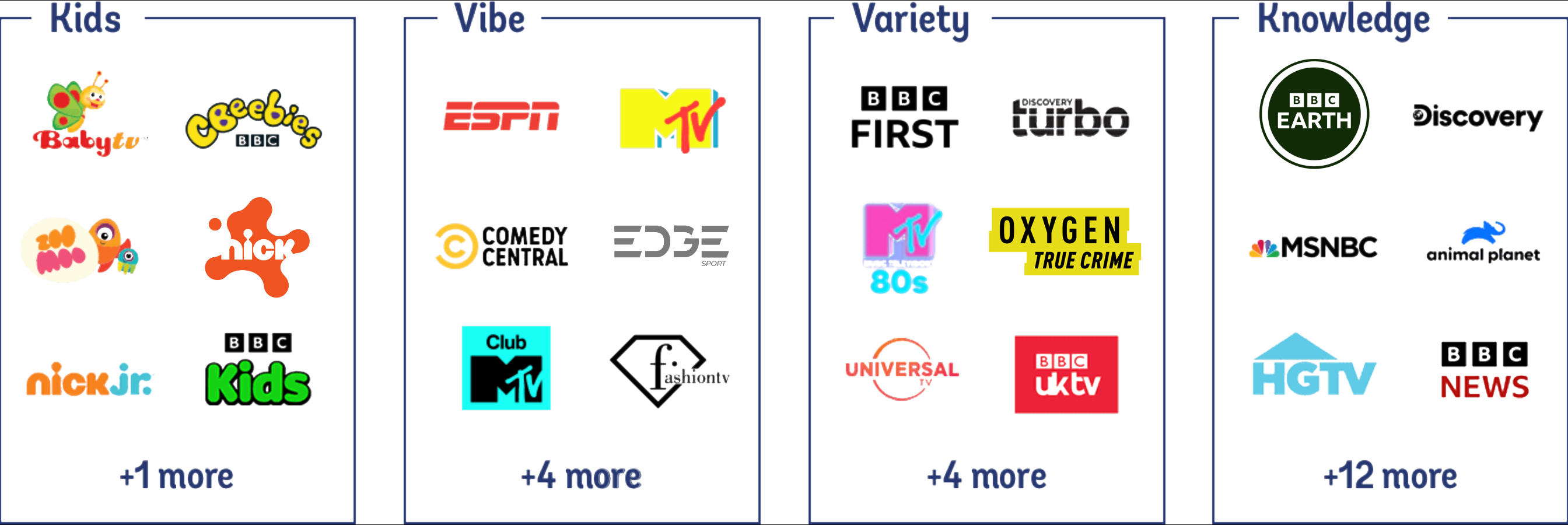 Some of the channels in the Kids, Vibe, Variety, and Knowledge packs