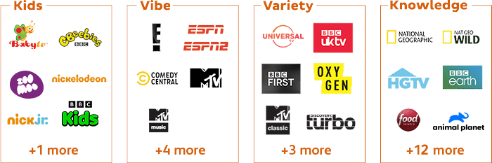 Some of the channels in the Kids, Vibe, Variety, and Knowledge packs