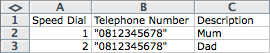 Screenshot: Example CSV entries for Speed Dial