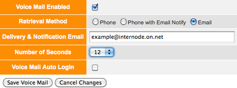 Screenshot: Voice Mail settings