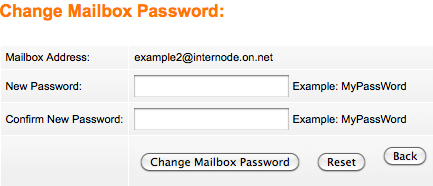Screenshot: The 'Change Mailbox Password' screen in Mailbox Manager