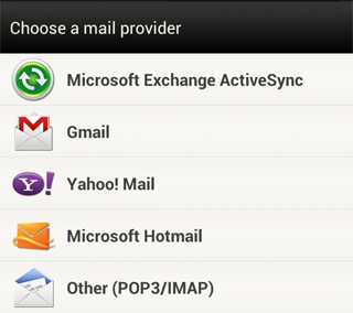 Screenshot: An example 'Choose a mail provider' screen