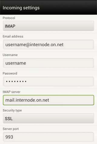 Screenshot: Incoming settings for Internode email