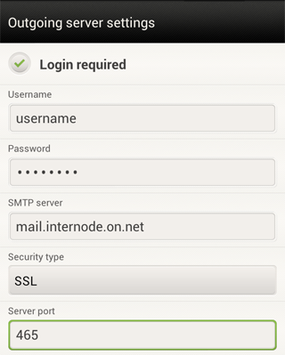 Screenshot: Outgoing settings for Internode email
