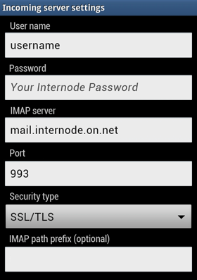 Screenshot: Entering your Incoming server settings