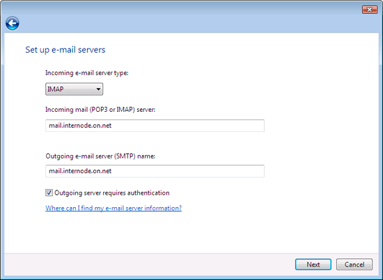 Screenshot: Setting your incoming and outgoing mail servers