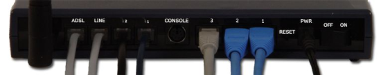 Photograph showing the telephone, ethernet, and power ports on the back of the Billion router