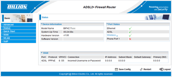 Figure 2: The Billion router's status screen