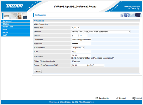 Screenshot: The WAN Port Configuration screen with correct settings