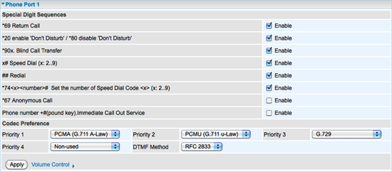 Figure 5: Billion Phone Port settings