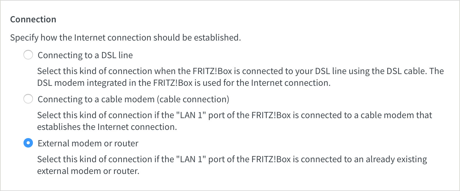 Screenshot: Setting External Modem or Router as your connection type