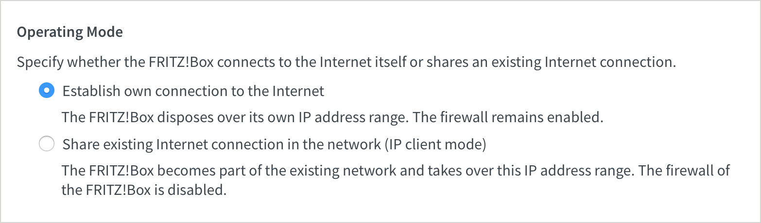 Fritz!Box operating mode settings