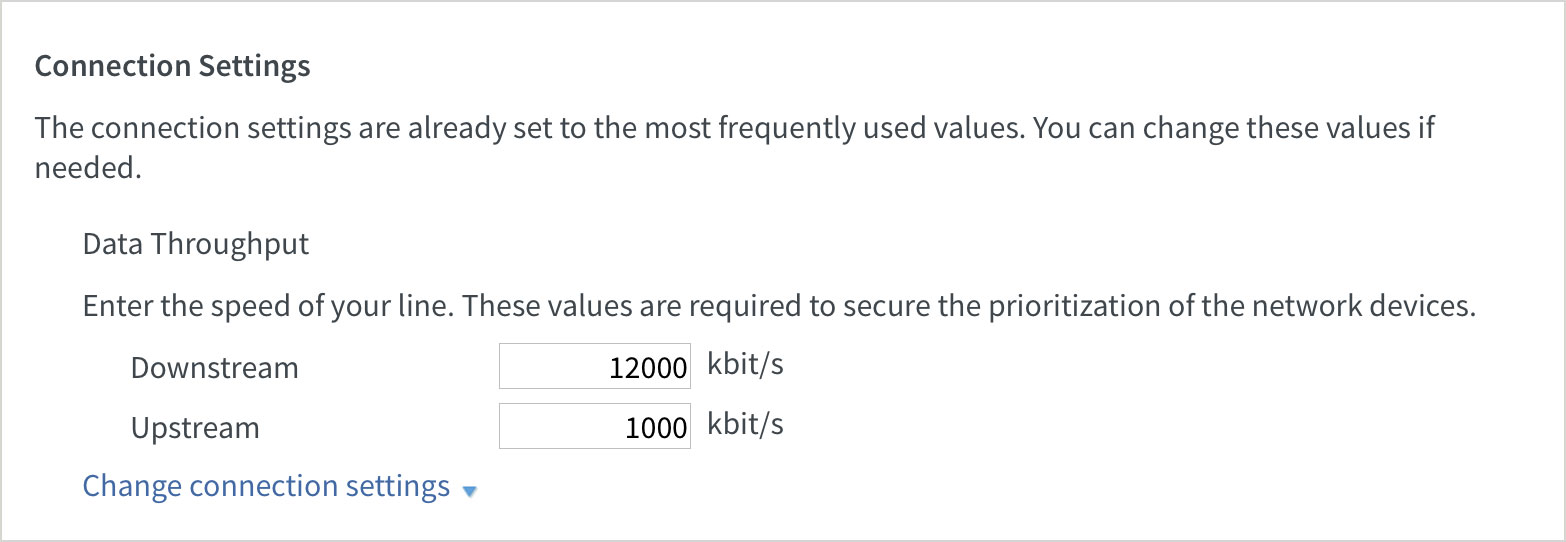 Screenshot: Example data throughput settings for a 12 Mbps/1 Mbps connection