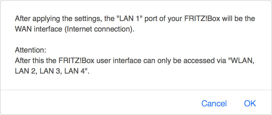 Screenshot: The pop-up window about the change to the LAN1 port