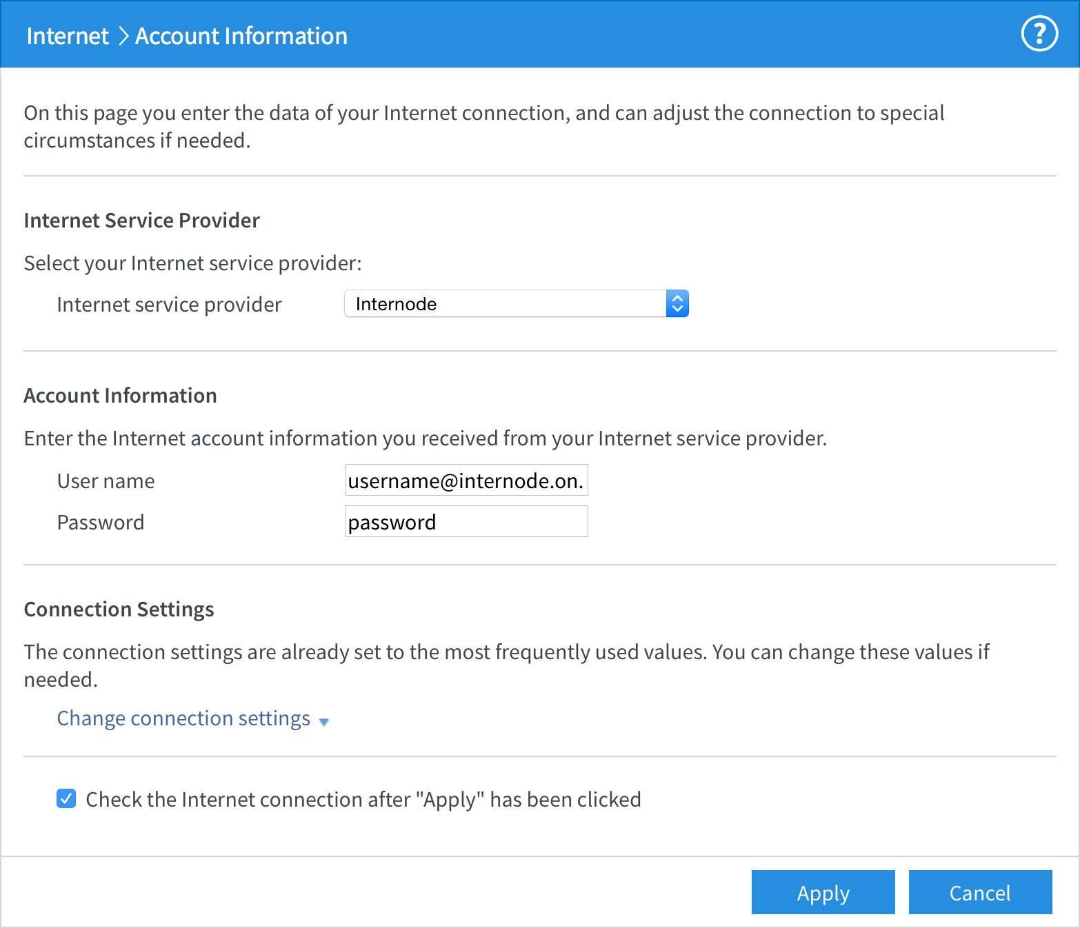 Screenshot: Entering account details into the 'Account Information' screen