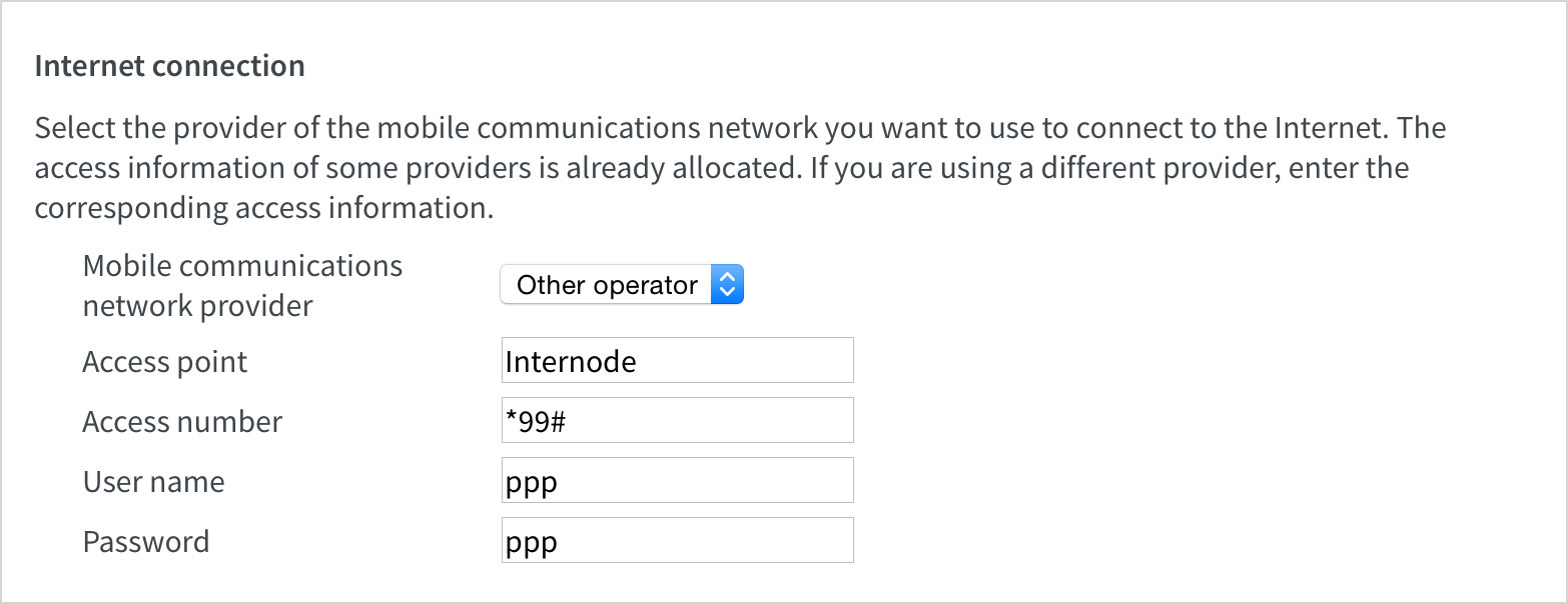 Mobile internet connection settings for NodeMobile Data