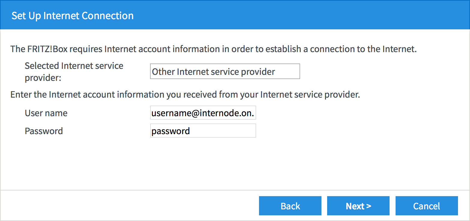 Screenshot: Entering your Internode login information