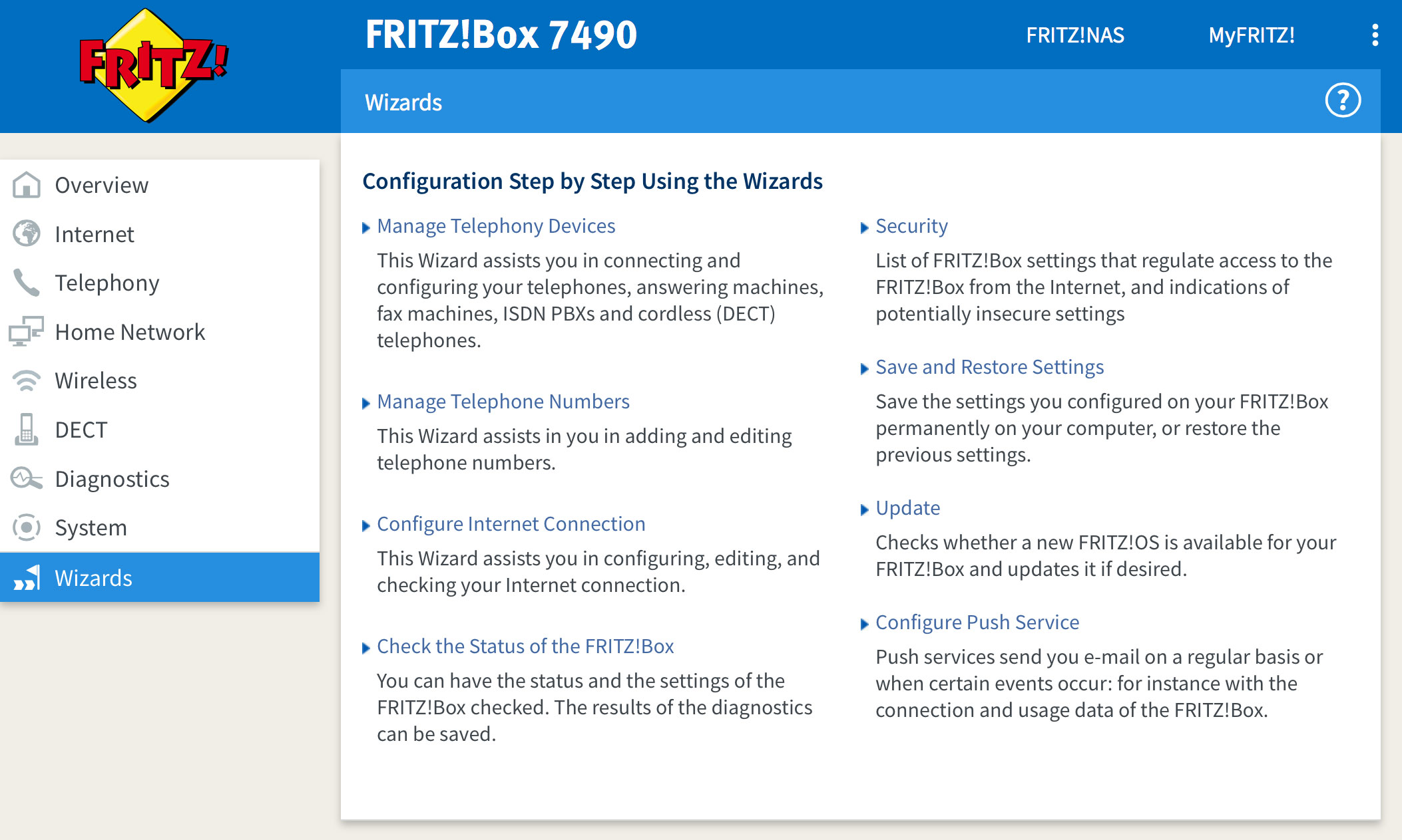 Screenshot: The FRITZ!Box Wizards screen