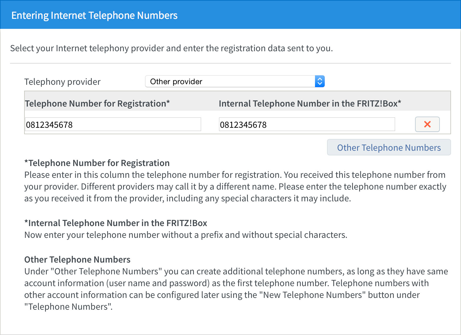 Screenshot: Entering your NodePhone registration details