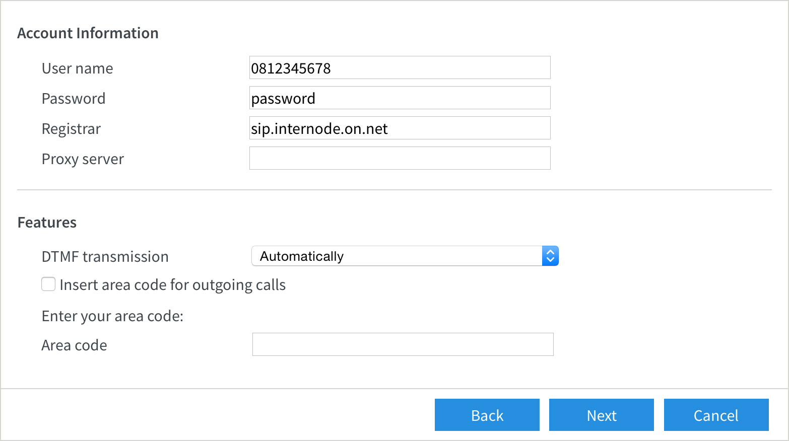 Screenshot: Entering your NodePhone VoIP settings