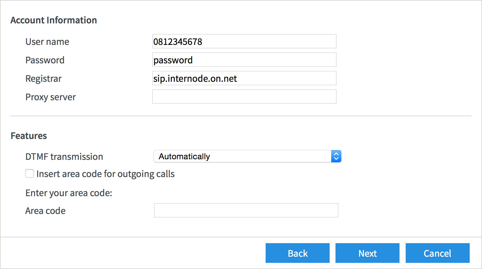 Screenshot: Entering your NodePhone VoIP connection settings