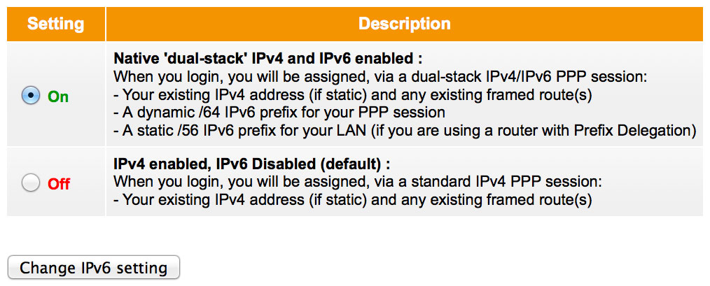 Screenshot: Turning IPv6 on in My Internode