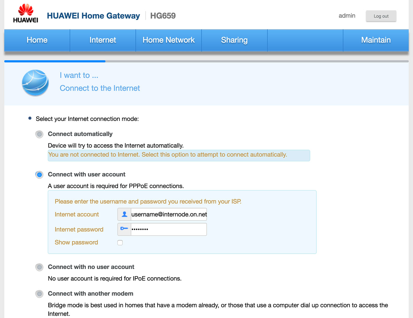 Screenshot: Configuring your NBN HFC broadband service
