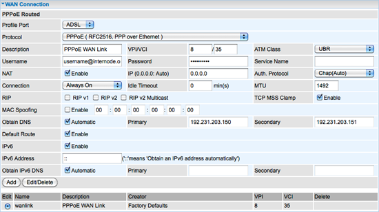 Figure 3: The Billion 7400 series WAN page with IPv6 settings