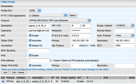 The Billion 7800N WAN Page